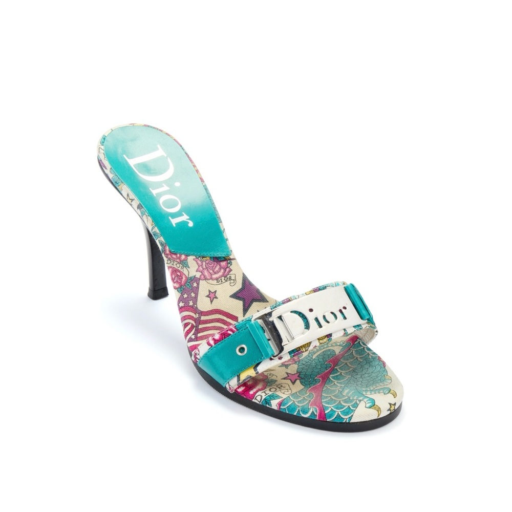 Dior S/S 2004 Blue Tattoo Buckle Sandal Heels